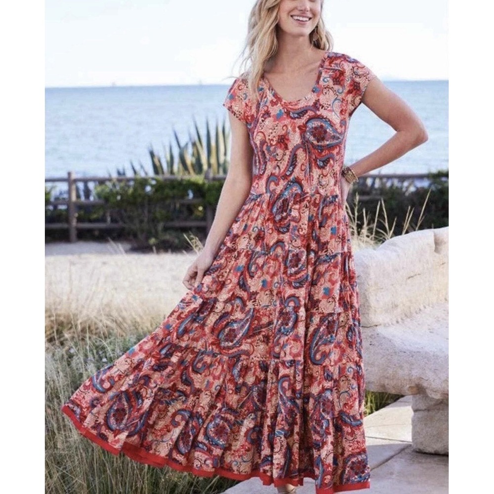 Soft Surroundings Kara Dress‎ XL Framboise Paisley Tiered Boho Maxi Cottagecore